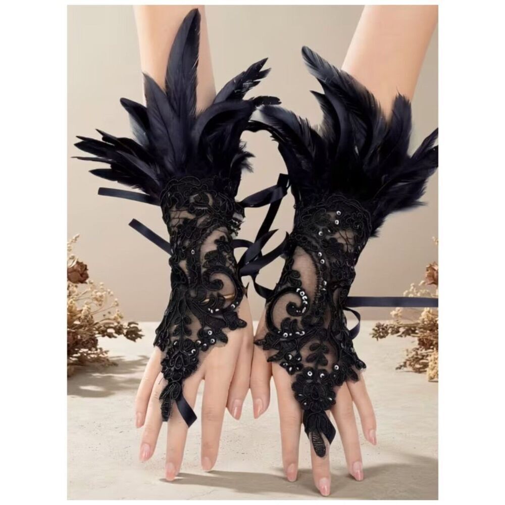 NWT Gothic Black Lace Feather Fingerless Gloves Witch Halloween Cosplay Cuffs